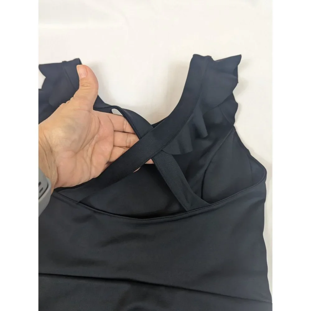 Wavvy Black Long Criss-cross Back with Ruffles‎ Bodysuit Size Small